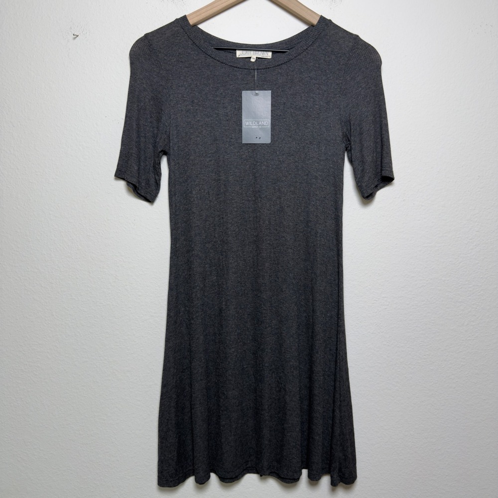 NEW Joah Brown Women Dress S/M Gray Ribbed Short Sleeve Fit & Flare Mini Swing